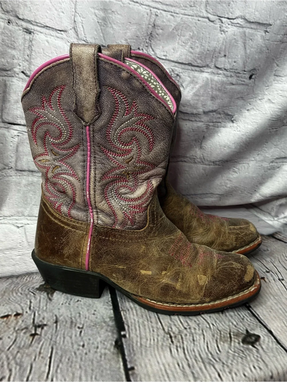 Western Distressed Brown Leather Cowgirl Purple Pink Boho Chic Boots Girls 13D